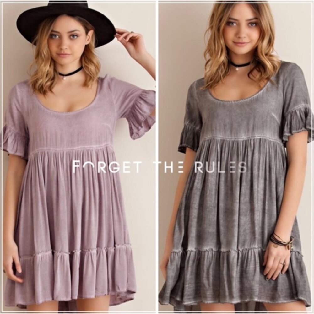 Short Sleeve Acid Wash Boho Baby Doll Dress